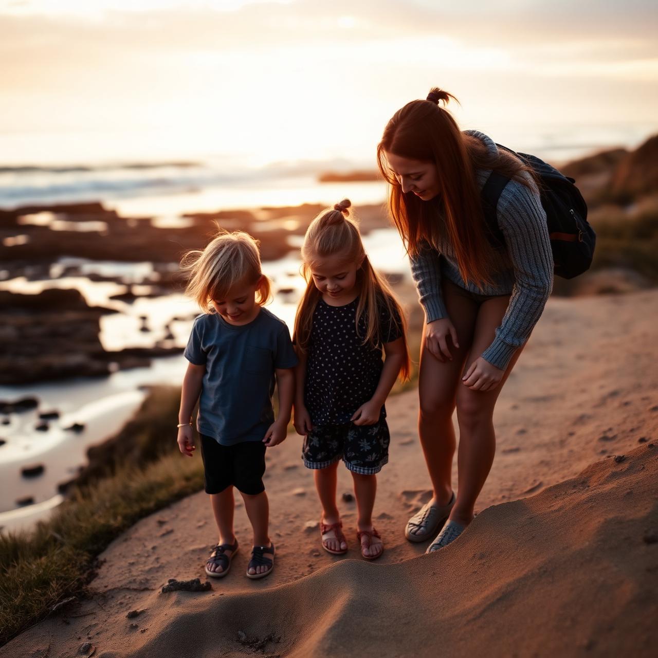 A homeschool family exploring tide pools at sunset