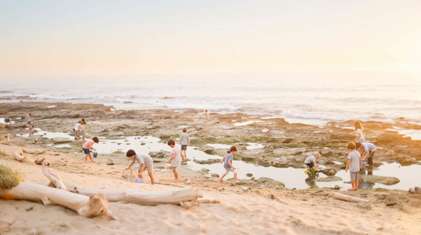 Children exploring tide pools at sunset